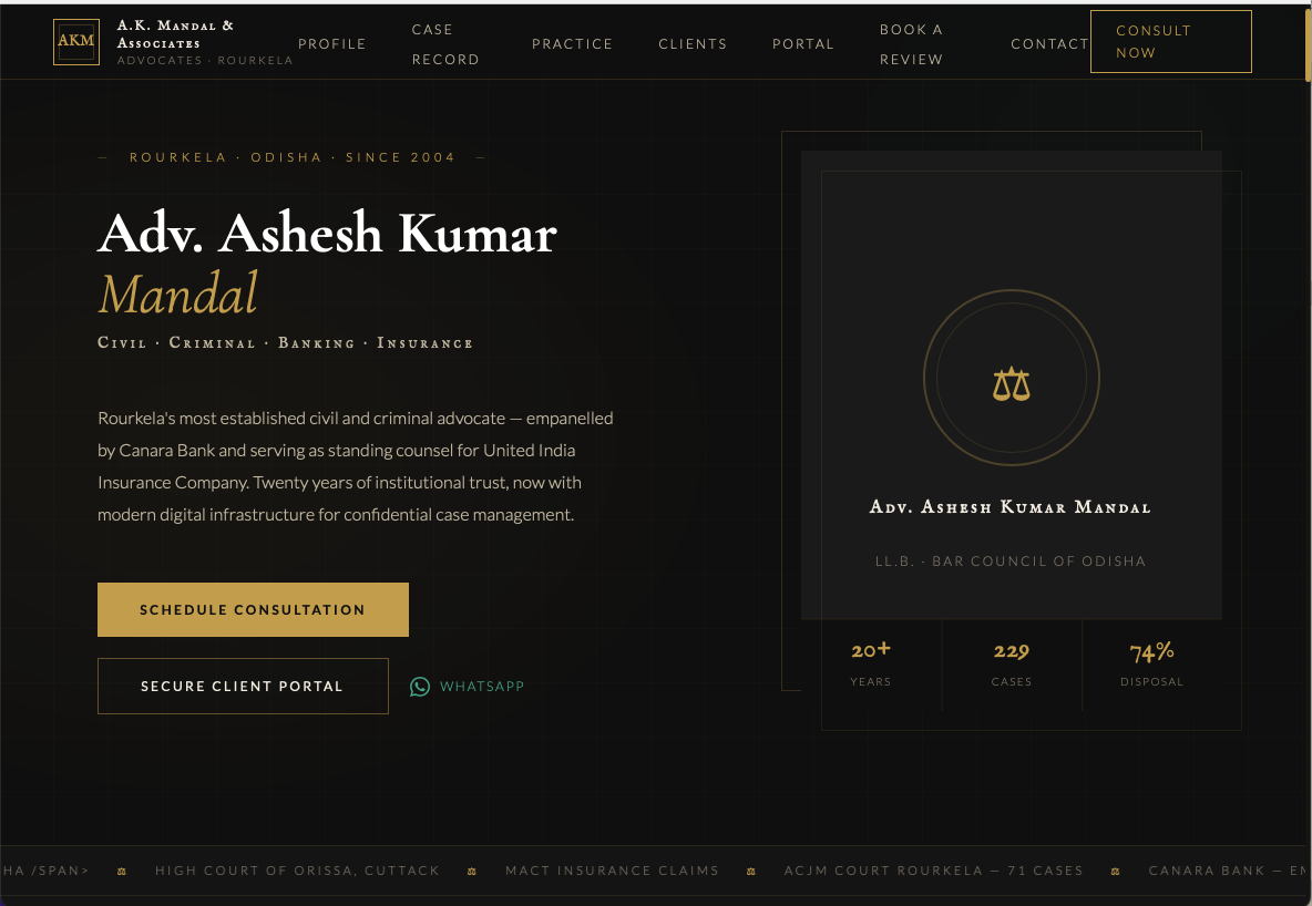 Screenshot of the A.K. Mandal & Associates law-firm homepage