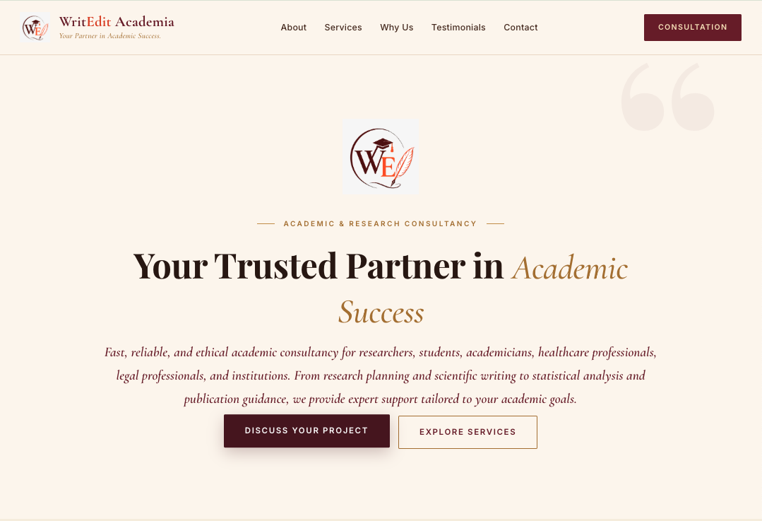 Screenshot of the WritEdit Academia academic-services homepage
